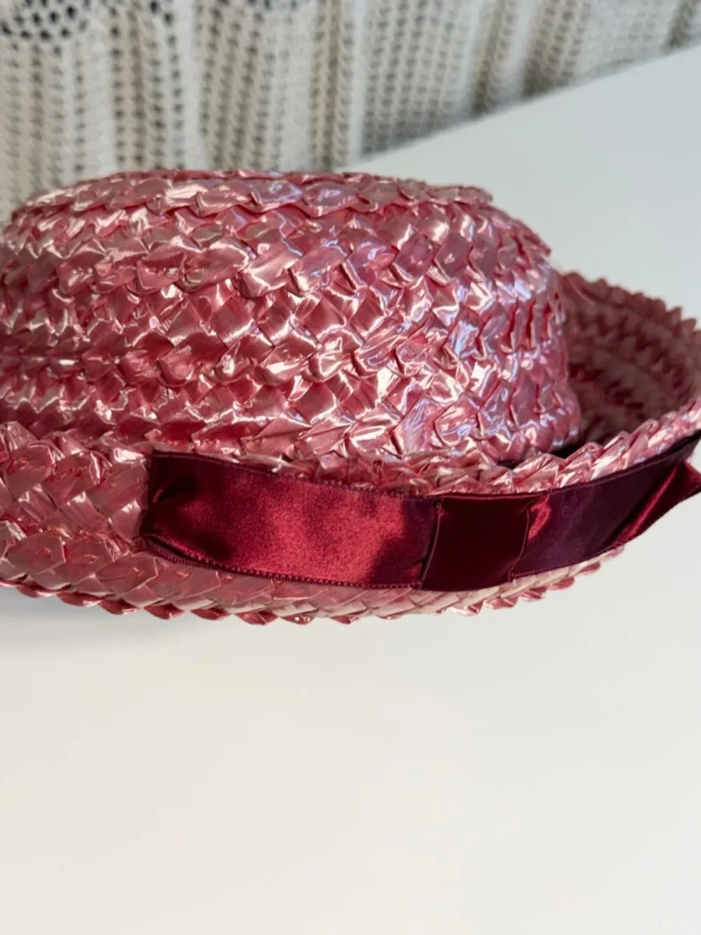 VINTAGE raspberry straw hat‎ 50s 60s bowler church dressy ribbon bow mid century - Picture 3 of 11